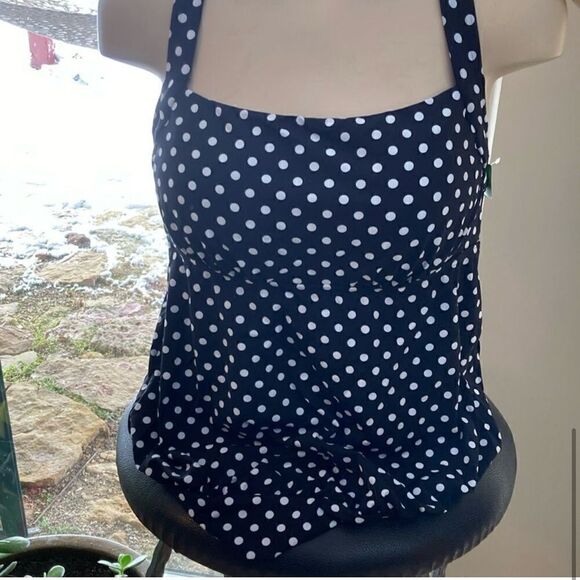 Land's End Tankini Blouson Racer Back polkadot black white soft cup Swim Top 8P - Picture 3 of 5